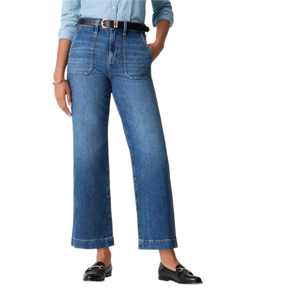 J. Crew Factory Denim - J. Crew Wide Leg Cropped Utility Jeans Stretch High Rise Medium Wash Trouser 28